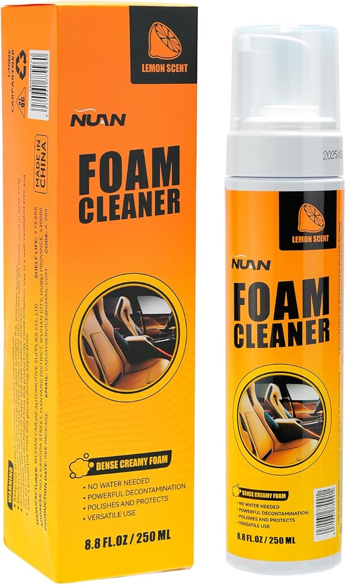 NUAN Foam Cleaner for Car, Lemon Scent Car Interior Cleaner, Safe and Quick Remover Stains Multi-Purpose Foam Spray for Car Steering Wheel, Car Seat, Leather and House, 8.4 FL OZ, 250 ML