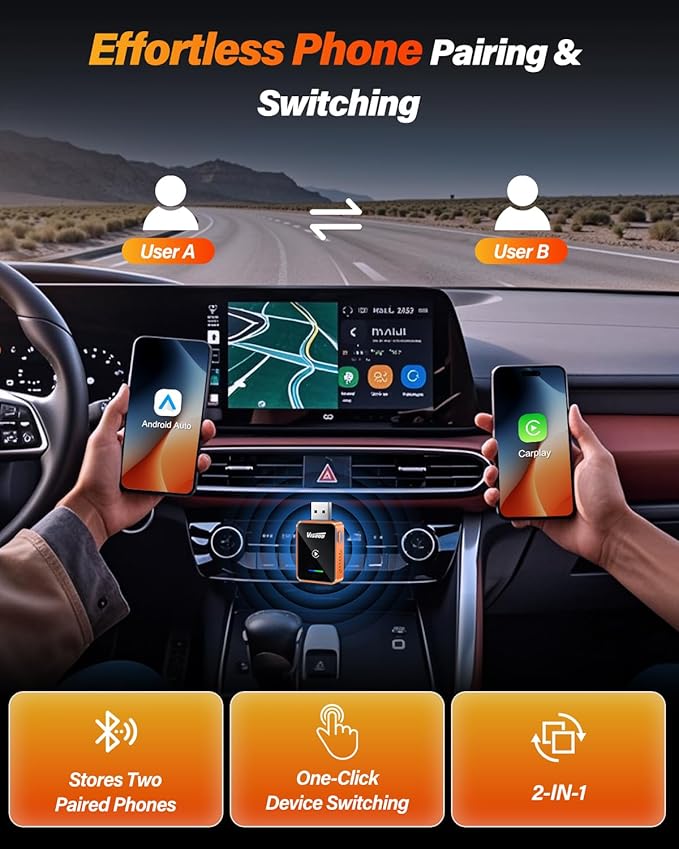 2026 Wireless CarPlay & Android Auto Adapter, One-Click Switch, 3s Auto Reconnect, A9 Chip, Bluetooth 6.0, 5.8GHz WiFi, Plug & Play, with USB-C & Right-Angle Cables