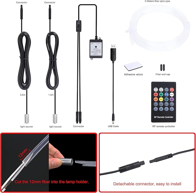 Car Interior Ambient Lighting Kit USB Multicolor RGB 3m Optic Fiber 8 Colors Sound Active Music Sync Memory Function Wireless RF Remote Controller Car Atmosphere Light DC 12V