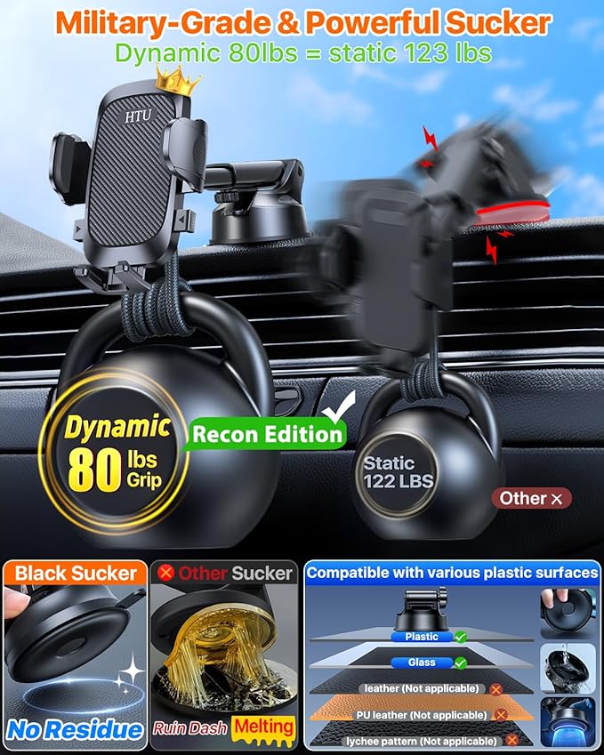 HTU 2026 Upgraded [True Military-Grade] Car Phone Holder【Safety Certs & No Smell】 Cell Phone Holder for Car Mount for Dashboard Windshield Air Vent Long Arm Thick Case,Black