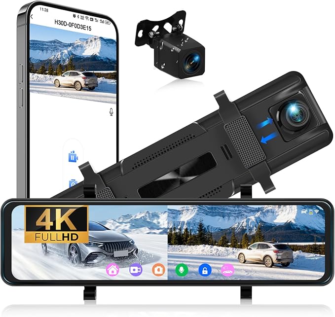 10.88 Inch Mirror Dash Cam,4K Touchscreen Rear View Mirror Front and Rear View Dual Cameras,Night Vision,G-Sensor,APP Control,Motion Detection,Loop Recording,Parking Assistance,Parking Monitor