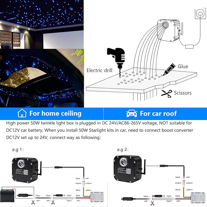 AZIMOM High Brightness 50W Twinkle 1000pcs*0.03in*13.1ft Fiber Optic Starlight Kits End Glow Fiber Strands Sound Activated Bluetooth/APP Remote Control Theater Ceiling Home Shop Lobby Roof Decor