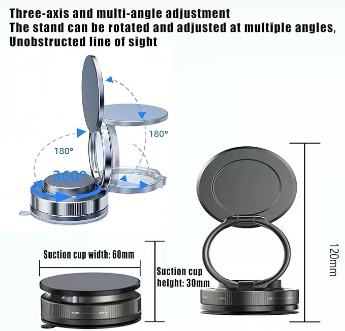 Vacuum Magnetic Car Phone Holder 360° Adjustable Foldable Portable Magnetic Phone Holder for Car for Car/Gym/Mirror/Smooth Surface Suction Cup Phone Mount Compatible for All Smartphones (Obsidian)