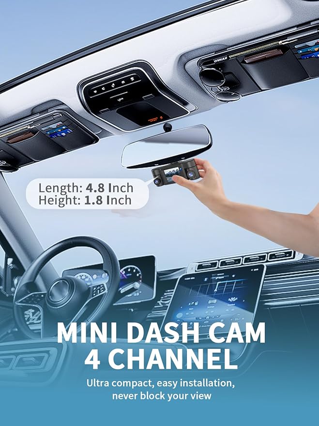Dash Cam Front and Rear Inside, 360° Dash Camera for Cars 4 Channel 2K FHD Mini Dashcam, Car Camera Built-in WiFi GPS, Free 64G Card, Voice Control, Night Vision WDR/HDR, 24/7 Parking Mode V50-4CH