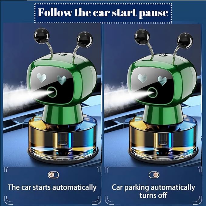 Robot Intelligent Aromatherapy Machine, Smart Cute Robot Car Air Freshener - Fine Spray/Fillable/Four-Gear Adjustment/Vibration Sensing/On-Off/Large Capacity Long-Lasting Fragrance/Green-V2(Gardenia)