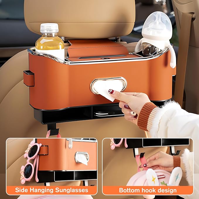 Multifunctional Car Seat Back Storage Box, Universal Car Seat Organizer, Car Seat Tissue Box and Organizer, Car Seat Paper Towel Organizer， Car Organizer with 2 Drink Cup Holders (Brown)