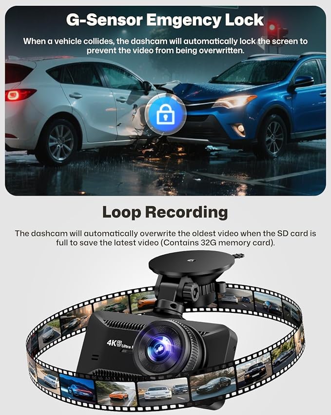 Dash Cam Front and Rear 4K/1080P, Dash Camera for Cars Build in WiFi, Full HD Dash Cam with APP Control, 3.94'' IPS Screen Dash Camera with 32GB SD Card, G-Sensor, Loop Recording (Dark Grey)