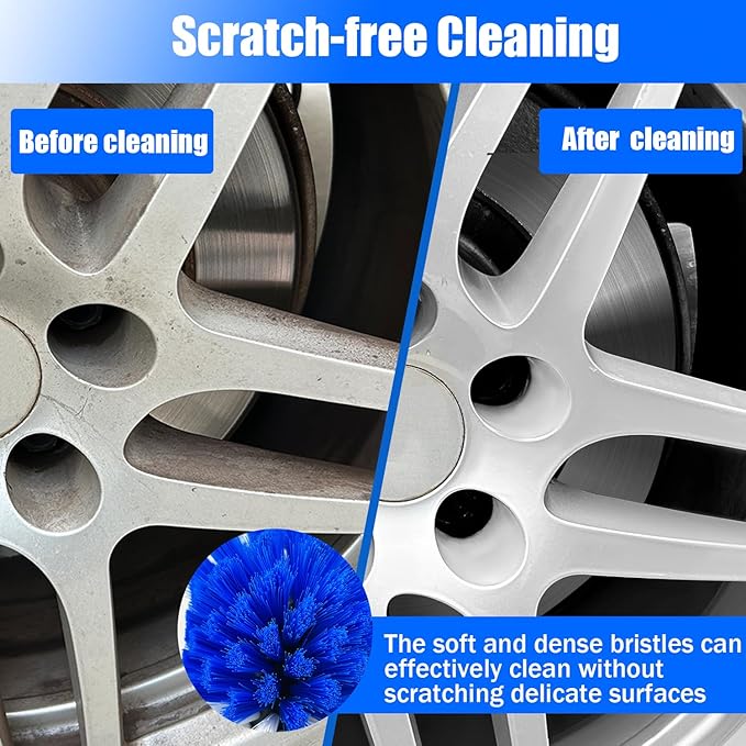 Car Wheel Brush Kit, Soft Drill Wheel Cleaner Brush, Tire Brush, Detailing Brush, and Detailing Pads, No Scratches Car Wheel Cleaning Kit for Wheels, Tires, Rims, Engines, Exhaust(Blue+White, 6 Pack)