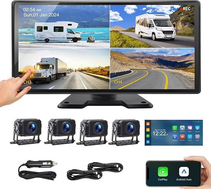 Semi Truck Camera System with Apple Carplay & Andriod Auto,Dash Cam for Semi Truck with 4-Channel 1080P RV Camera System,10.36" IPS Touchscreen, 360° All-Round Recording, 24H Parking Monitoring