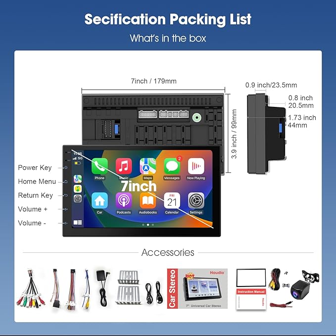 Wireless CarPlay Screen for Car & Android Auto Head Unit - Touchscreen 7 Inch Double Din Car Stereo with Backup Camera for All Cars (2+64GB)