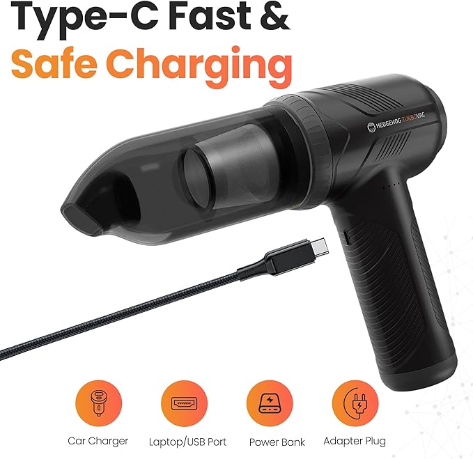 Hedgehog TurboVAC 3 in 1 Portable Car Vacuum Cleaner, Blower & Air Pump - Hand Held Vacuum Cleaner for Car with USB C Rechargeable, 14000PA Powerful Suction, Lightweight Dust Buster for Home & Outdoor