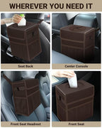 Capolo Car Trash Can with Lid, Leakproof Car Trash Bag Hanging Waterproof Automotive Garbage Can with Storage Pockets Mini Vehicle Trash Bin for Back/Front Seat(Brown,2.5 Gallon)
