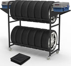Tire Storage Rack 44" x 44" x 18" with Anti-Dust Cover, Rolling Adjustable Black Alloy Steel Tire Rack for Garage with 4 Swivel Casters & 2 Storage Shelves