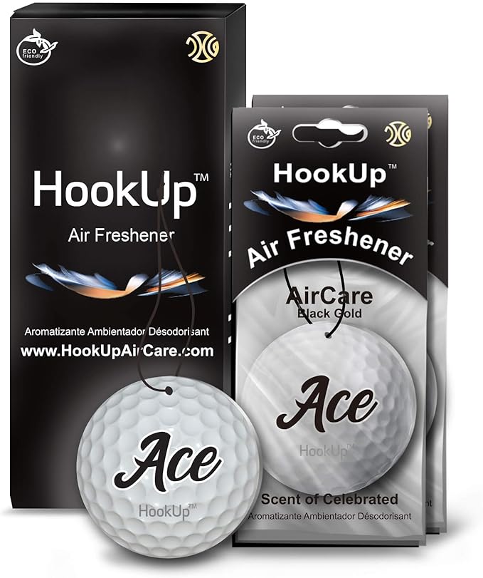 Golf Car Air Freshener by HookUp - 2 Pack - Black Gold Scent (Extra Strong) | Unique Golf Gift for Players, Coach, Fans | Hanging Car Accessory with Long Lasting Fresheners Smell