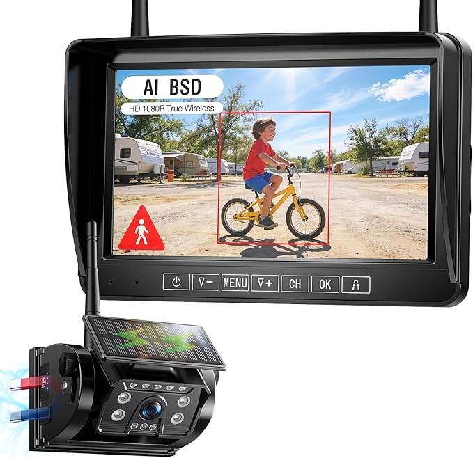 Fookoo Magnetic Solar Wireless Backup Camera System, Portable 7" DVR Monitor with BSD 1 Min Install HD 1080P Rear View Camera Night Vision Rechargeable for SUV Truck Pickup RV Camper Tractor DTC701