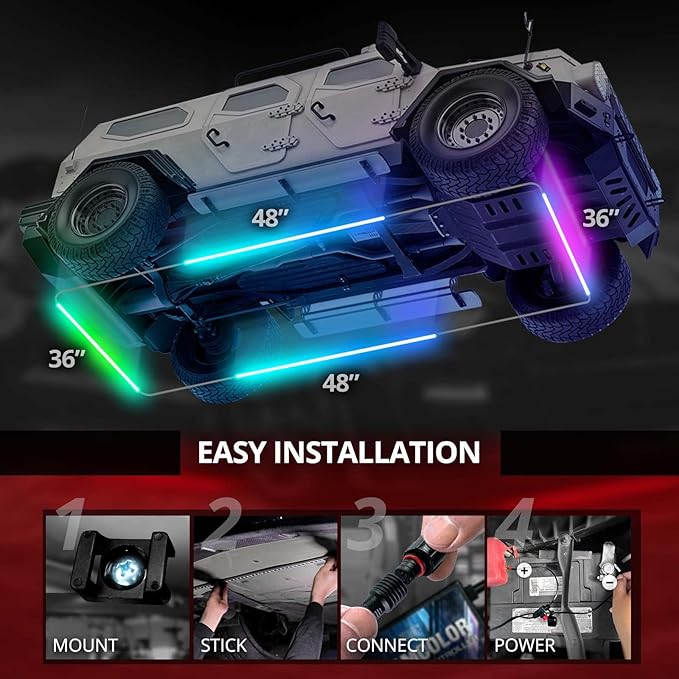 OPT7 Aura DreamColor Underglow Chasing Light Kit with APP & Remote Control, 4 PCS Flexible RGBIC LED Strips, 12V Neon Accent Underbody Lights for Car Truck RV, Multi Color Music Mode, Easter Gifts