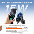 A2C for Magsafe Car Mount Charger, QI2 15W Wireless Fast Charging Cup Holder Phone Charger - Dual Cooling System, Aluminum Alloy Tri-Pivot Arm, 18 N54 Strong Magnets for iPhone 17/16/15/14/13/12 Only