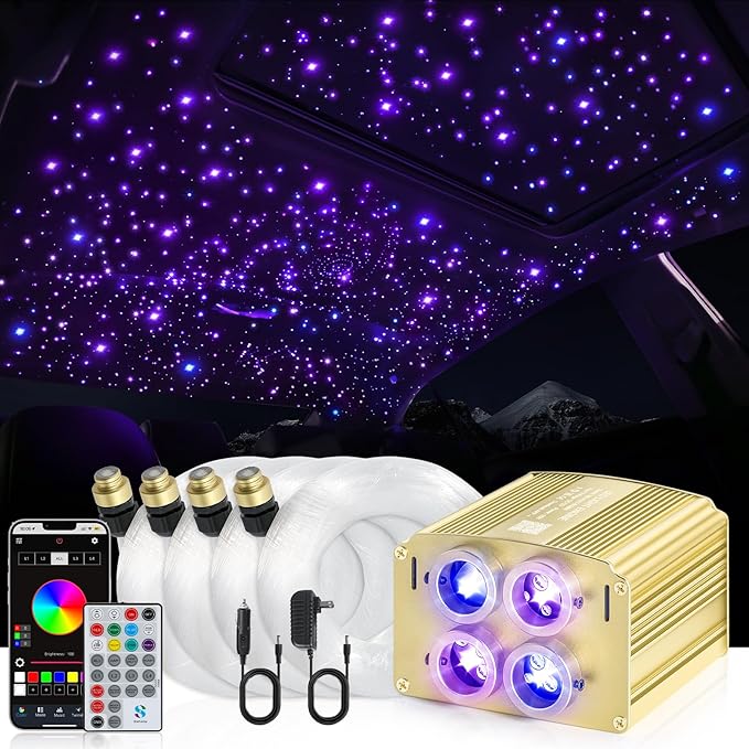 4 Colors 32W Twinkle Car Starlight Headliner Kit 1200pcs*0.03in*13.1ft with APP&RF Remote, RGBW Fiber Optic Ceiling Star Lights, 4 Port Engine Sound Activated Star Roof Lights for Car Home Theater