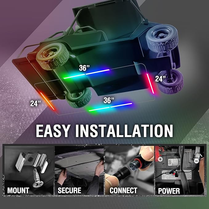 OPT7 Aura 12V DreamColor Underglow Chasing Lights for Golf Cart w/APP & Remote Control, Waterproof Rigid Aluminum Light Bar, Decorative RGB-IC Car LED Lighting Kit, EZGO Yamaha Club Car Universal Fit
