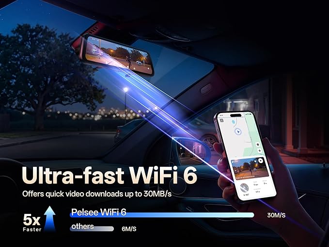 Pelsee S12 Native 4K + 2.5K Rear View Mirror Camera, Mirror Dash Cam w/ 8MP Sensor, Telephoto Lens, Color Night Vision, WiFi 6 30MB/s Download, GPS, 64GB Card Included, Backup Camera for Car Truck SUV