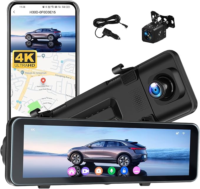 Mirror Dual Dash Camera for Car, Dashcam 4K Front 1080P Rear View ADAS BSD LCA Wi-Fi&APP 10.88" IPS Touch Screen HDR Night Vision G-Sensor Loop Recording 24H Parking Monitor Parking Monitor