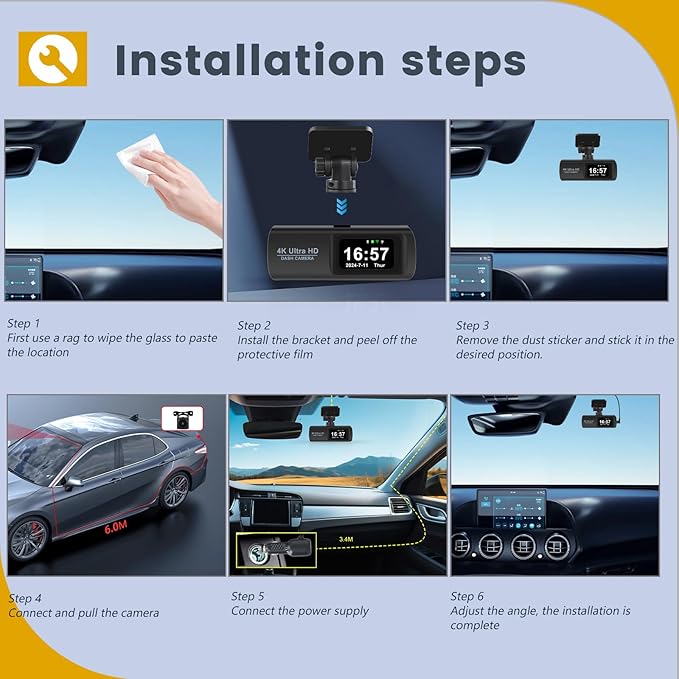 4K Dash Cam with WiFi, 4K Front+1080P Rear, Dual Camera, Gravity Sensing, Parking Monitoring, Loop Recording, Night Vision, Parking Mode