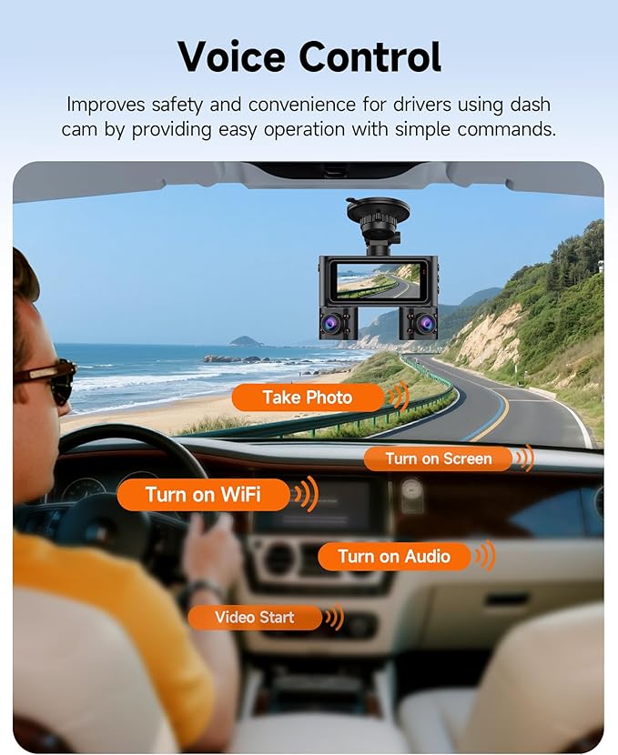 360° Dash Cam Front and Rear Inside, 4 Channel Dash Camera for Cars FHD 1080Px4, Built-in Wi-Fi, 3.16” IPS Screen, WDR Night Vision, Voice Control, Free 64GB Card, 24H Parking Mode
