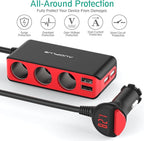 AUOPLUS 120W 3 Socket Cigarette Lighter Splitter Car Charger Adapter, LED Voltage Display Dual 4 USB Chargers(6.8A), Car Charger On/Off Switches 12V for iPhone iPad Samsung GPS Dashcam