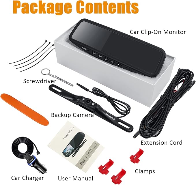 VT1 1080P Wired Car Backup Camera Kit, Easy to Install for Continuous or Reversing Viewing, 4.3" in-Mirror Clip-on Monitor with HD Backup Camera for Cars, Pickups, SUVs, Vans, Sedans, Trucks