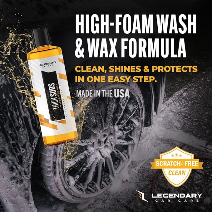 Legendary Thick Suds Wash & Wax 16oz - Foaming Car Wash Soap with Carnauba Wax - PH Neutral Foam Cannon Soap for Added Shine & Water Beading