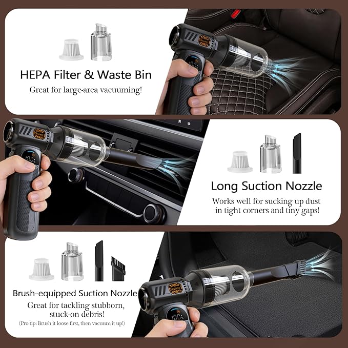 Compressed Air Duster, Super Power Turbo Air Blower with Vacuum Function, Cordless 2-in-1 Cleaning Tool, 8000mAh Battery, LED Light for PC Keyboard Car Cleaning (Black)