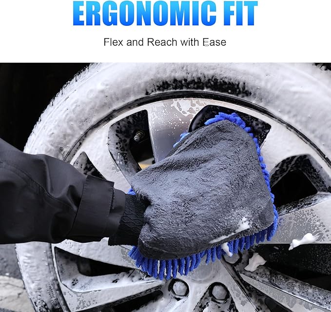 Premium Car Wash Drying Mitt, 2-in-1 Dual-Side Chenille Microfiber Gloves for Auto Detailing, Car Sponge Wrapped in Soft, Machine Washable (2Pack) (Blue)