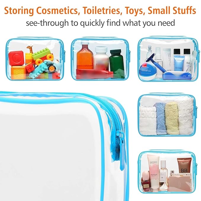 PACKISM Clear Cosmetic Bag, TSA Approved Clear Makeup Bag Travel Toiletry Bag, Beauty Quart Size Bag, 3 Pack, Black White Blue