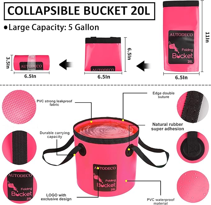AUTODECO 22Pcs Car Wash Cleaning Tools Kit Car Detailing Set with Canvas Bag Pink Collapsible Bucket Wash Mitt Sponge Towels Tire Brush Window Scraper Duster Complete Interior Car Care Kit