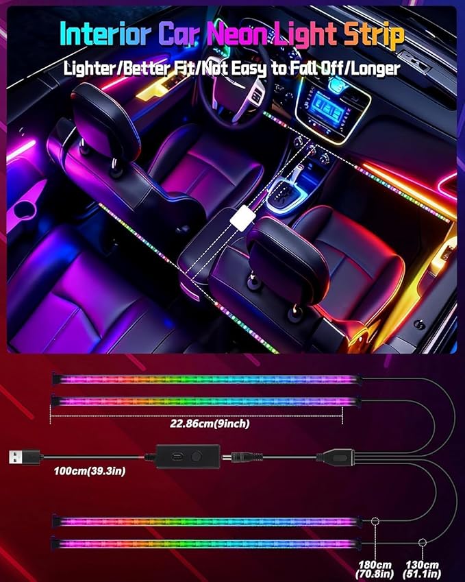 72 LED USB Interior Strip Lights Dream Color RGB-IC 12V DC with App RF Remote Control Multicolor Footwell Under Dash Chasing Inside Light Kits 4 Lines Music Sync Mode for Cars Truck ATV UTV