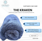 Captain's Car Care "The Kraken Drying Towel #1 Best and Largest Towel for Truck Detailing Streak Free, Massive 30x40 Inch Size, 1300 GSM Ultra Soft, Large Twisted-Loop Microfiber 70/30 Blend