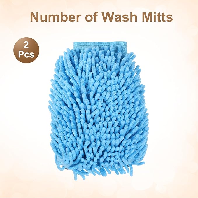 HARFINGTON 2pcs Chenille Microfiber Car Wash Mitts 9.8" x 7.9" Scratch Free Wash Gloves Absorbent Double Sided Plush Cleaning Drying Mitts for Car Washing Home Clean, Light Blue