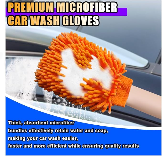 JOYCOURT 2PCS Microfiber Soft Chenille Car Wash Mitts, Scratch and Lint Free Car Dusting Glove, Double Sided Wash Mitt, Ultra Absorbent for Car Washing, Home Cleaning Mitt (Orange&Pink)