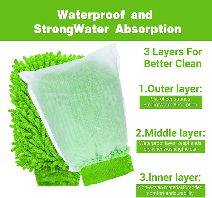 12 Pcs Car Wash Mitts, Scratch-Free Microfiber Chenille Glove Mitts for Auto Detailing, Lint-Free and Highly Absorbent, Double-Sided Plush Mitts in Green Blue Gray, 10.2 x 7.5 Inch