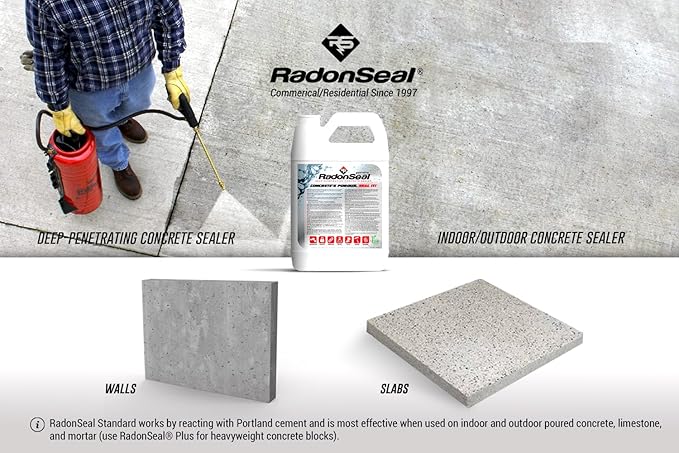 RadonSeal Concrete Sealer (Standard) – Deep Penetrating Waterproofing for Basement Floors & Foundation Walls – Reduces Moisture & Strengthens Concrete (5 Gallon)