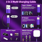 Travel Essentials 3in2 Multi Charging Cable for iPhone Watch Charger,USB A/C to Type C/IP/iWatch Charger,Travel Chargers for Multiple Devices Compatible with iWatch Series&iPhone 16-12 5FT