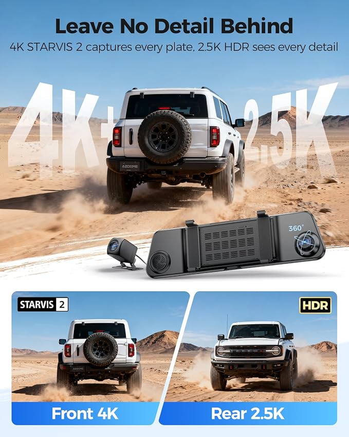 AZDOME PG17 Pro 4K+2.5K Mirror Dash Cam with STARVIS 2 & 5G WiFi Rear View Mirror Camera, OTA Upgraded, Parking Assist, Voice Control, 128GB Card - Mirror Dash Cam with 12-Inch Touch Screen