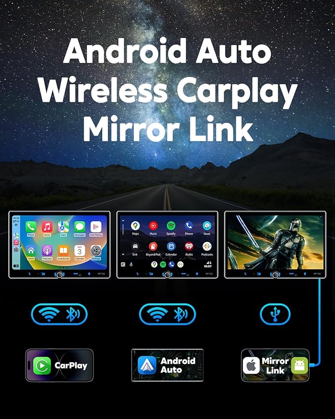 PLZ Single Din Car Stereo Wireless Apple Carplay Android Auto Radio, 10.1" Car Play Touch Screen, Bluetooth 5.3 Car Audio Receiver, 4.2 Channel 240W, Subwoofers, Backup Camera, Navigation, FM/AM, SWC