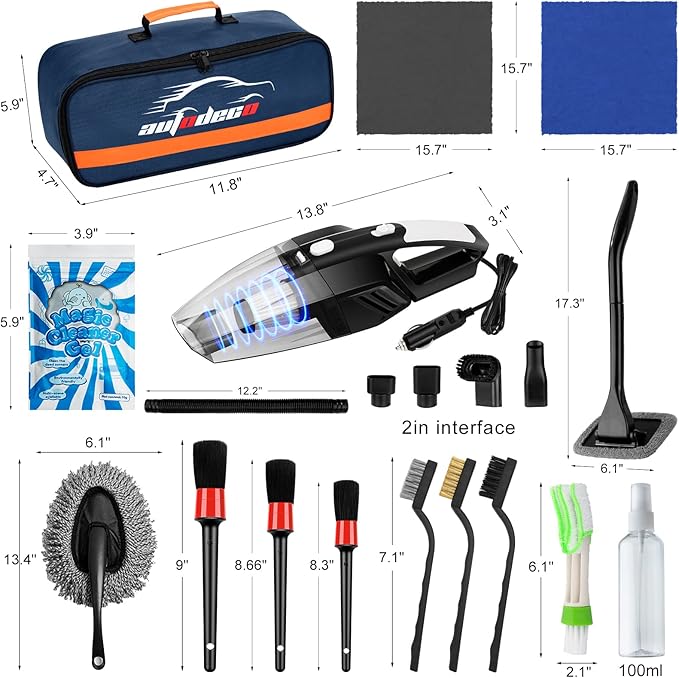 AUTODECO 20Pcs Car Cleaning Wash Kit Interior Detailing Cleaner Kit with High Power Handheld Vacuum, Brush Set, Windshield Tool, Duster, Towels, Complete Car Care Tools, Blue