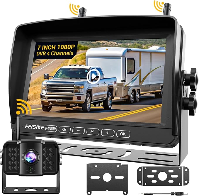Wireless Backup Camera with 7" 1080p Monitor, RV Backup Camera for Furrion Pre-Wired, Recording 4-Channel Split Screen, IR Night Vision, IP69 Wide Angle, Back up Camera Systems for Truck Trailer