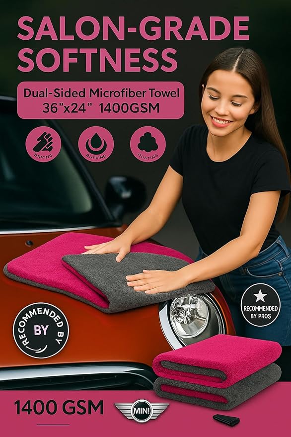 Microfiber Car Drying Towel 36"x24" – 1400 GSM Twisted Yarn, Ultra Absorbent, Scratch-Free, Machine Washable – Bonus 12"x12" Detail Towel, Pink/Gray