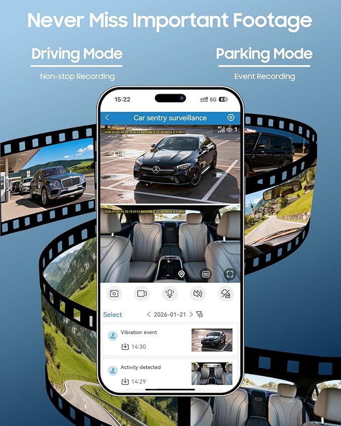 XEGA 2K 4G LTE Dual Dash Cam Front Inside, OBD Powered 24/7 Sentry Mode, APP Remote Live-View, GPS Tracking, No WiFi Car Security Camera Anti-Theft, Real-Time Alerts, Built-in SIM Card(7-Day Trial)