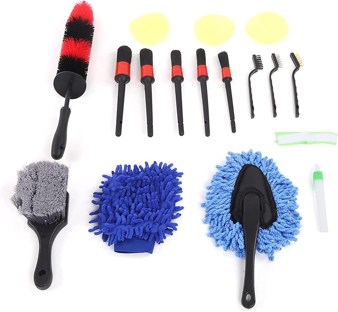 17Pcs Detailing Brush Set, Wheel Scrub Cleaning Tool Kit for Car Truck, Includes Long Wheel Rim Brush, 5 Detail Brushes, Steel Wire Brushes, Car Wash Glove, Vent Brush, Perfect for