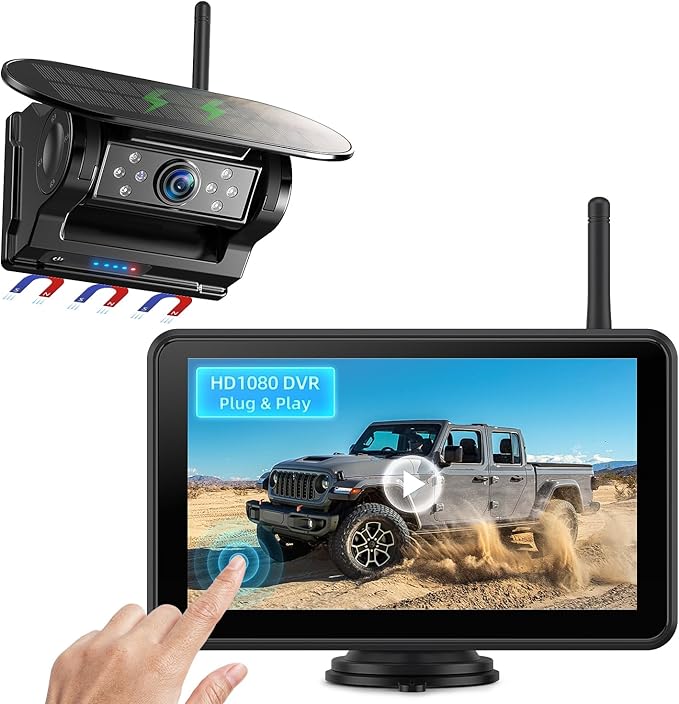 eRapta Magnetic Solar Wireless Backup Camera: HD1080P 7” Touchscreen Portable with DVR, BSD, 1-Min Install-Free IR Night Vision Hitch Backup Camera for Trailer/Truck/Small RV/Camper/Tractor-AWTCM701