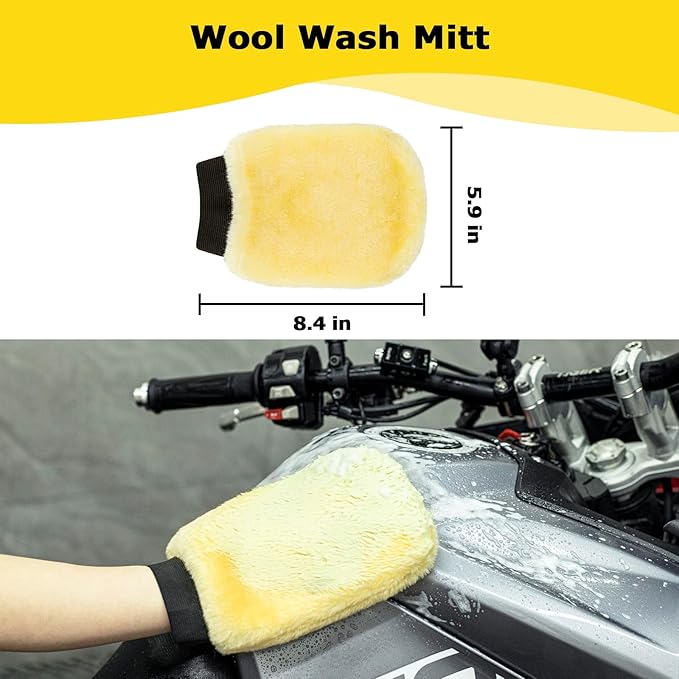 focopot Motorcycle Cleaning Kit 6 Pack with Easy Reach Brush,Tire Brush,Wool Wash Mitt,Chain Brush,Detailing Brush and Microfiber Towel for Cleaning Motorcycle Mudguard,Rims,Exhaust,Frame